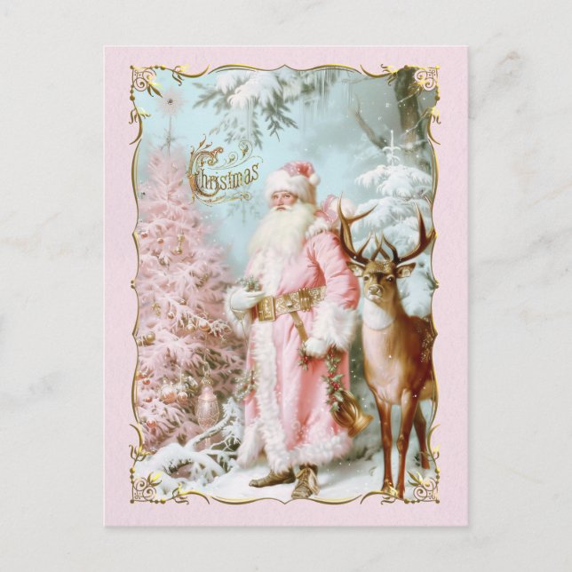 Cartes Pour Fêtes Annuelles Vintage pink Santa Claus deer tree Christmas card (Devant)