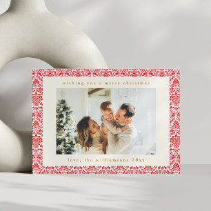 Cartes Pour Fêtes Annuelles Vintage Red Damask Festive Deux photos Noël