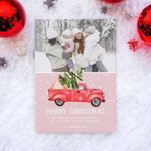Cartes Pour Fêtes Annuelles Vintage rétro camion rouge sapin de Noël rose