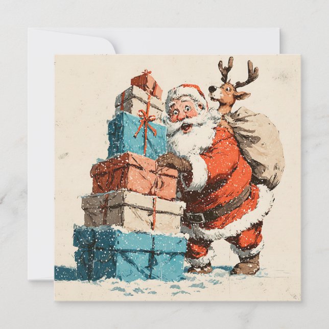 Cartes Pour Fêtes Annuelles Vintage Retro Simple Reindeer Santa Claus (Devant)