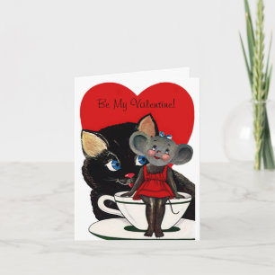 Cartes Pour Fêtes Annuelles Vintage Saint Valentin, Chat Mouse Tea Cup Coeur