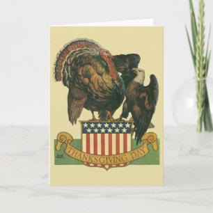 Cartes Pour Fêtes Annuelles Vintage Thanksgiving Turquie, aigle, drapeau améri
