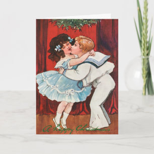 Cartes Pour Fêtes Annuelles Vintage Un Bon Noël Garçon Baiser Fille Amour