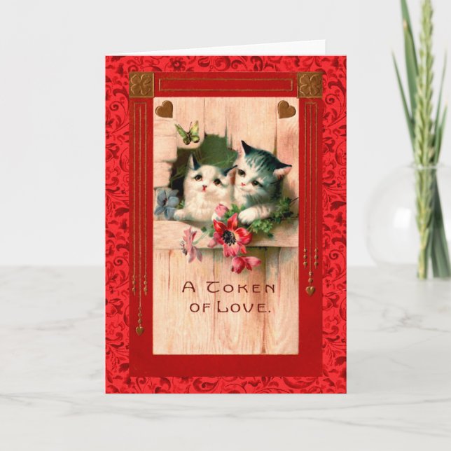 Cartes Pour Fêtes Annuelles Vintage Valentine Grey Kittens & Hearts (Devant)