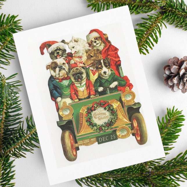 Cartes Pour Fêtes Annuelles Vintage Voiture De Noël Chargement De Chiens (Créateur téléchargé)
