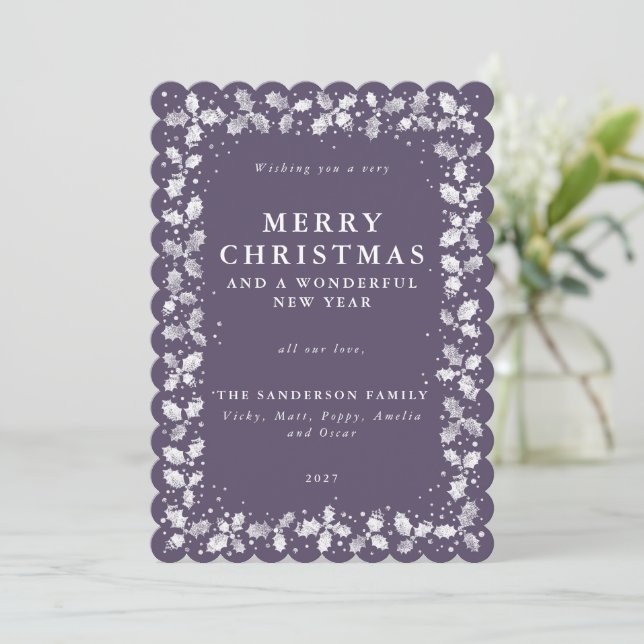 Cartes Pour Fêtes Annuelles Violet Holly + Berry Bordure Plat Non Photo (Debout devant)