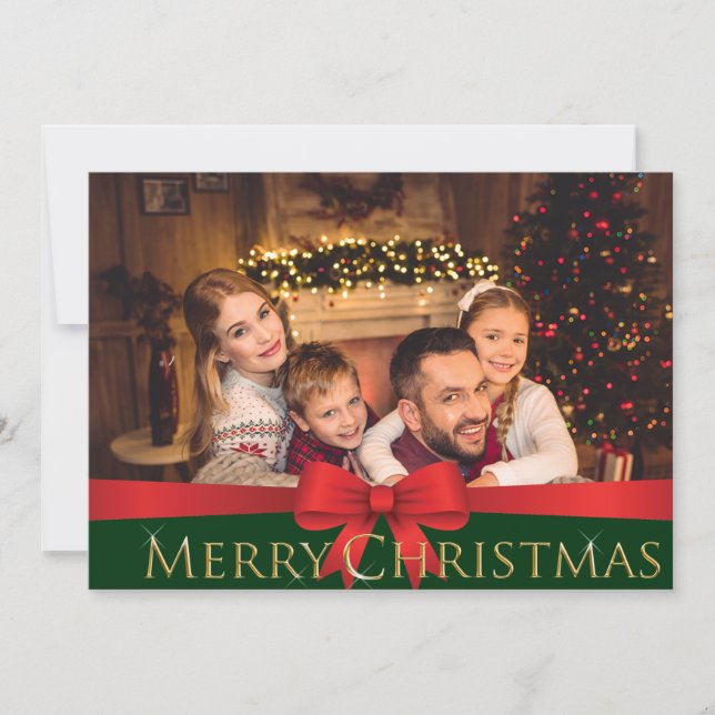 Cartes Pour Fêtes Annuelles Vivid Red Bow Golden Joyeux Noël Photo (Devant)