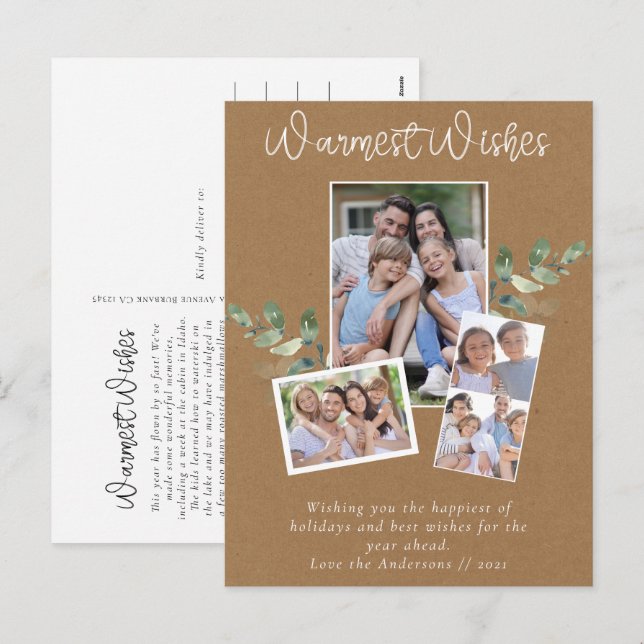 Cartes Pour Fêtes Annuelles Vœux chaleureux Kraft Eucalyptus Collage photo (Devant / Derrière)