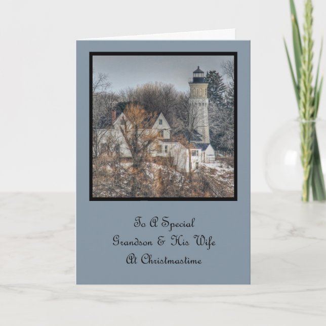 Cartes Pour Fêtes Annuelles Voeux de Noël phare Grand-fils et femme (Devant)