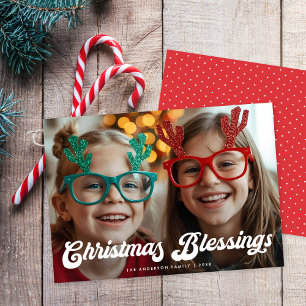Cartes Pour Fêtes Annuelles Vœux de Noël Retro White Script Une Photo