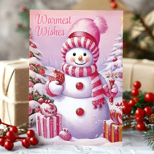 Cartes Pour Fêtes Annuelles Vœux les plus chaleureux Bonhomme de neige rose mi