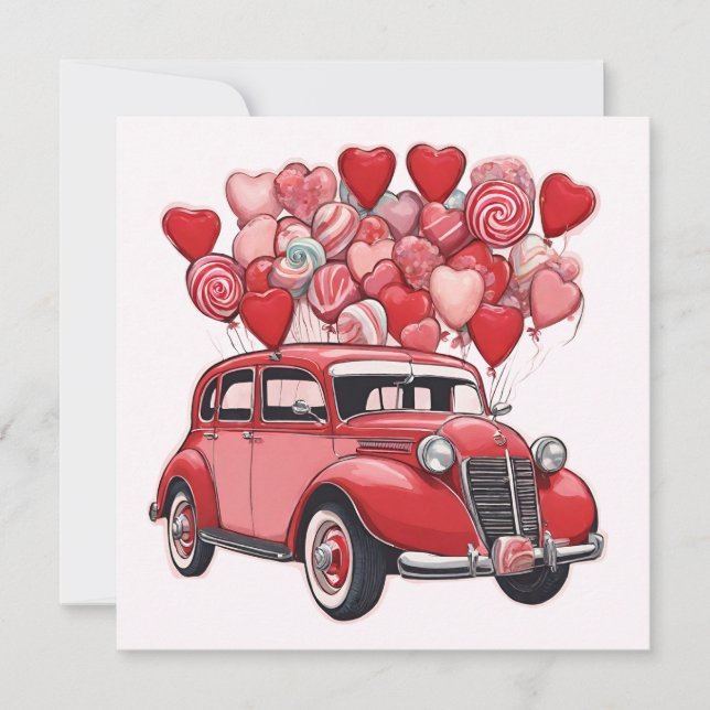 Cartes Pour Fêtes Annuelles Voiture vintage avec ballons de la Saint-Valentin  (Devant)