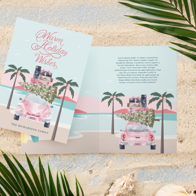 Cartes Pour Fêtes Annuelles Voitures Chaleureuses Palmiers Tropicaux & Voiture (Warm Wishes Tropical Palm Trees & Pink Retro Car Holiday Card)