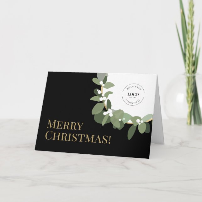 Cartes Pour Fêtes Annuelles Votre Logo Green Wreath Black Gold Joyeux Noël (Devant)