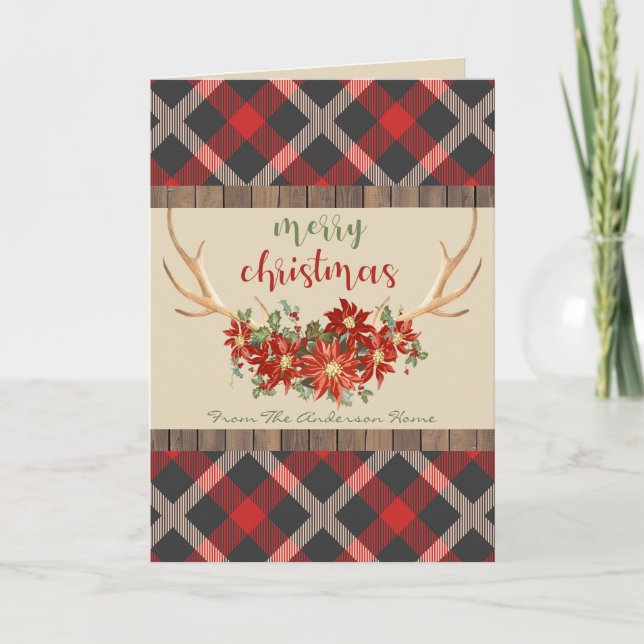 Cartes Pour Fêtes Annuelles VOTRE PHOTO   Cerf Plaid de Noël en Bois (Devant)