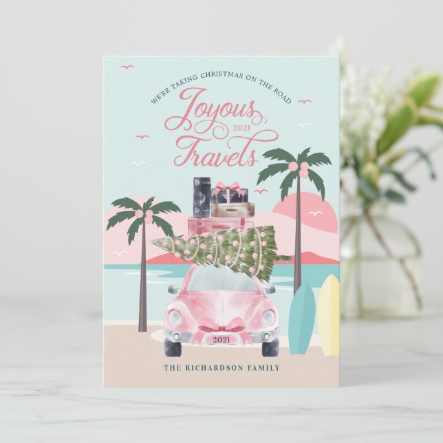 Cartes Pour Fêtes Annuelles Voyages Joyeux Tropical Road Trip Pink Retro Car (Debout devant)