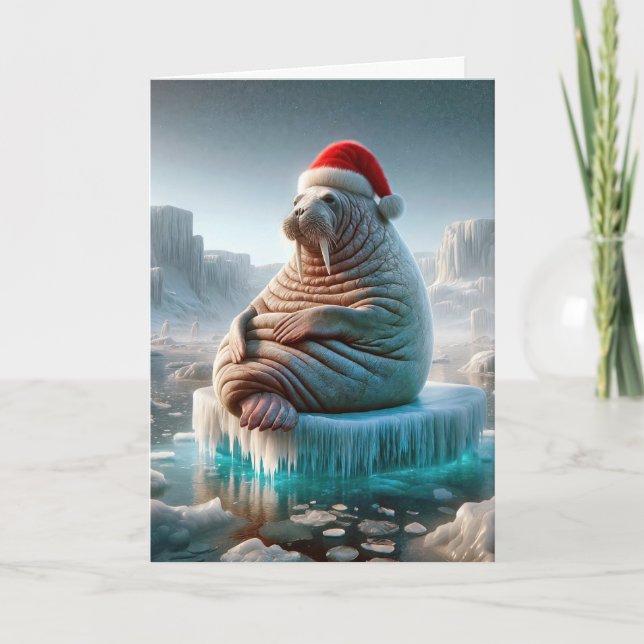 Cartes Pour Fêtes Annuelles Walrus porte un chapeau de Père Noël (Devant)
