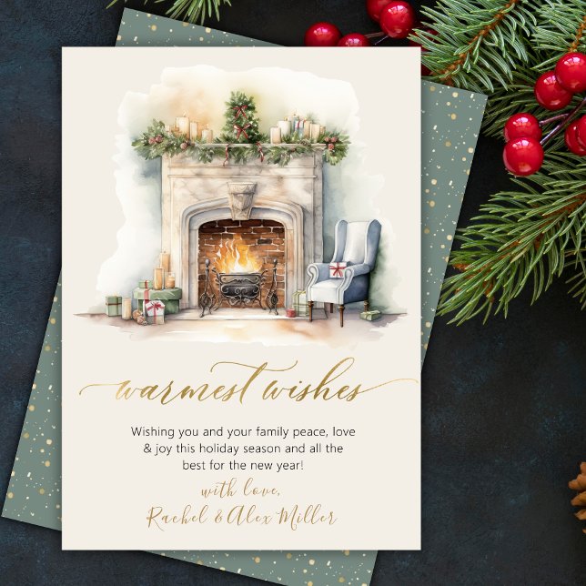 Cartes Pour Fêtes Annuelles Warmest Warmest Gold Script cheminée non photo (Créateur téléchargé)