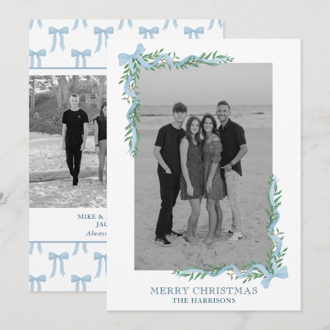 Cartes Pour Fêtes Annuelles Watercolor Blue Bow Garland Photo Holiday Card (Devant / Derrière)