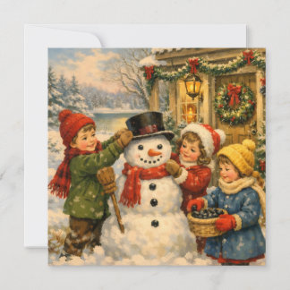 Cartes Pour Fêtes Annuelles Watercolor Christmas Vintage Children and Snowman