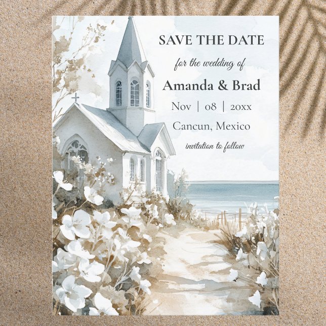 Cartes Pour Fêtes Annuelles Watercolor Destination Beach Wedding Enregistrer l (Créateur téléchargé)