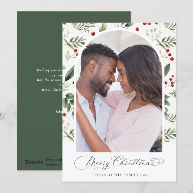 Cartes Pour Fêtes Annuelles Watercolor Greenery & Red Berry Christmas Photo (Devant / Derrière)