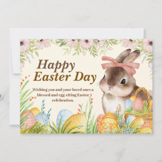 Cartes Pour Fêtes Annuelles Watercolor Happy Easter Day Floral Bunny with Bow