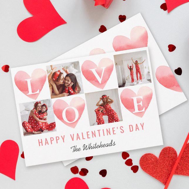Cartes Pour Fêtes Annuelles Watercolor Heart Love Photo Collage Saint Valentin (Send some love to the people you know for Valentine's with this beautiful photo collage card.)