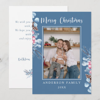 Cartes Pour Fêtes Annuelles Watercolor Pine Branch Family Photo Blue