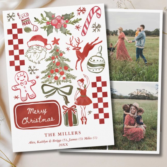 Cartes Pour Fêtes Annuelles Watercolor Retro Illustrated Green & Red 3 Photo (Watercolor Retro Illustrated Green & Red 3 Photo Holiday Card
)