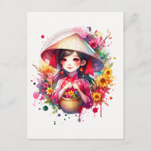 Cartes Pour Fêtes Annuelles Watercolor Tet Girl