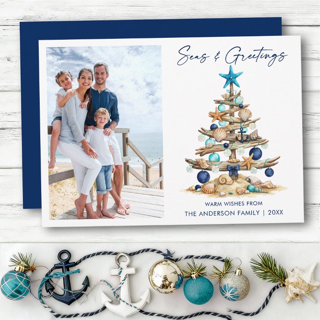 Cartes Pour Fêtes Annuelles Watercolor Tree Seas and Greetings Photo Beach (Customize to change your personalized text size or text style.)