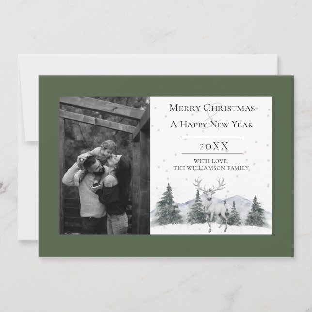 Cartes Pour Fêtes Annuelles Watercolor Winter Reindeer | Green Photo (Devant)