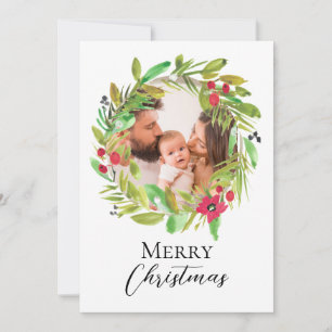 Cartes Pour Fêtes Annuelles Watercolor wreath Family Photo Joyeux Noël
