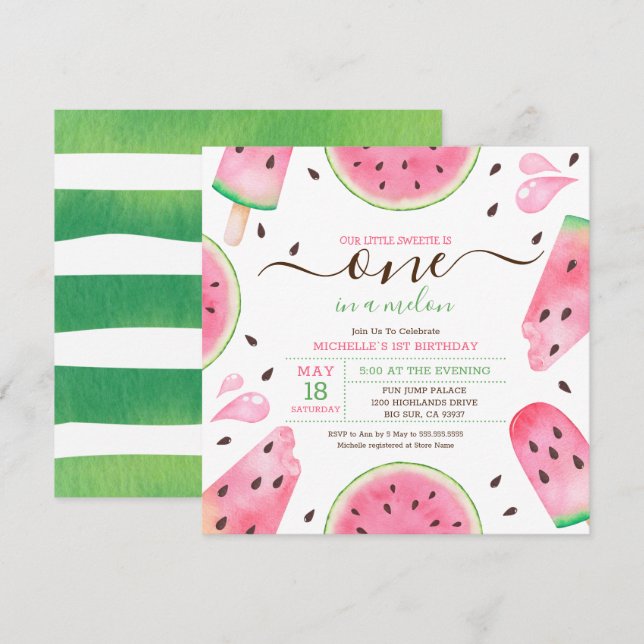 Cartes Pour Fêtes Annuelles Watermelon One In A Melon 1er Anniversaire Invitat (Devant / Derrière)