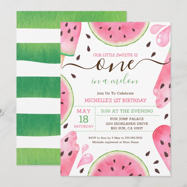 Cartes Pour Fêtes Annuelles Watermelon One In A Melon 1er Anniversaire Invitat (Devant / Derrière)