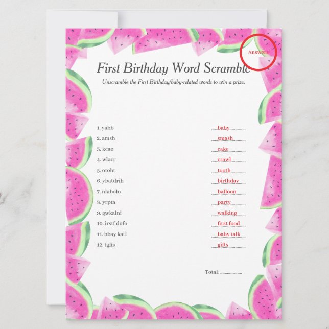 Cartes Pour Fêtes Annuelles Watermelon Premier Anniversaire Mot Débauche Répon (Devant)
