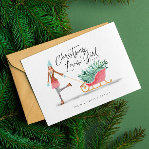 Cartes Pour Fêtes Annuelles Waterolor Christmas Lovin' Girl Pulling Sleigh