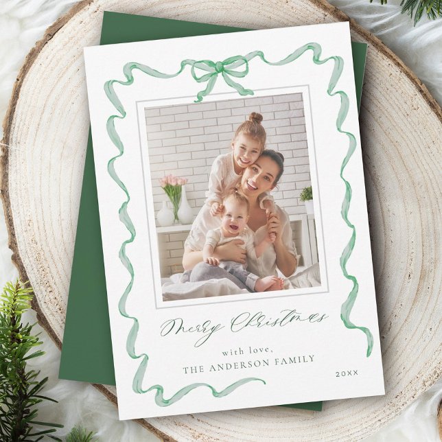 Cartes Pour Fêtes Annuelles Wavy Green Ribbon Bow Frame photo Noël (Créateur téléchargé)