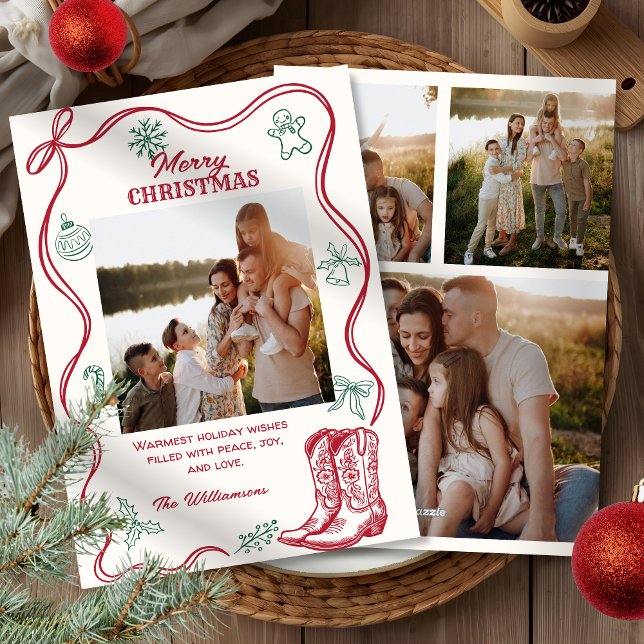 Cartes Pour Fêtes Annuelles Western Hand Drawn Cowboy Boots Christmas 4 Photos (Créateur téléchargé)