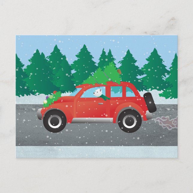 Cartes Pour Fêtes Annuelles Westie Conduite voiture de Noël avec arbre sur le  (Devant)