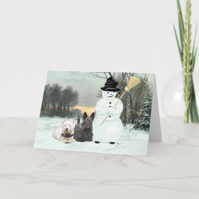 Cartes Pour Fêtes Annuelles Westie & Scottie construisent un bonhomme de neige (Devant)