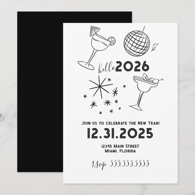 Cartes Pour Fêtes Annuelles Whimiscal Doodles Hello 2026 New Years Gold (Devant / Derrière)
