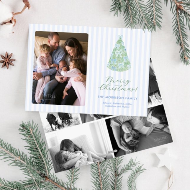 Cartes Pour Fêtes Annuelles Whimsical Blue Bows On Christmas Tree Photo (Contemporary blue and green bows preppy family photos holiday card with striped background)