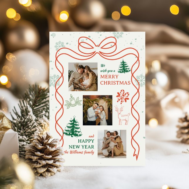 Cartes Pour Fêtes Annuelles Whimsical Bow & Holiday Icons Photo Christmas Card (Créateur téléchargé)