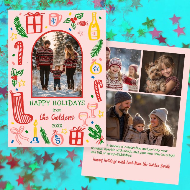 Cartes Pour Fêtes Annuelles Whimsical Christmas  Cute Custom Arch 4 PHOTO  (Whimsical Christmas Cute Pink Colorful Doodles Hand-Drawn Custom Arch 4 PHOTO Holiday Card
)