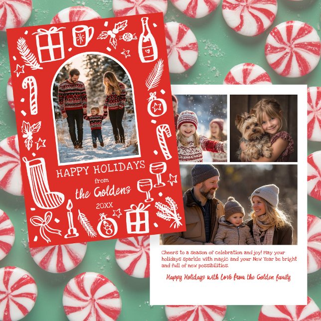 Cartes Pour Fêtes Annuelles Whimsical Christmas  Cute Custom Arch 4 PHOTO  (Whimsical Christmas Cute Doodles Custom Arch 4 PHOTO Hand drawn Holiday Card
)