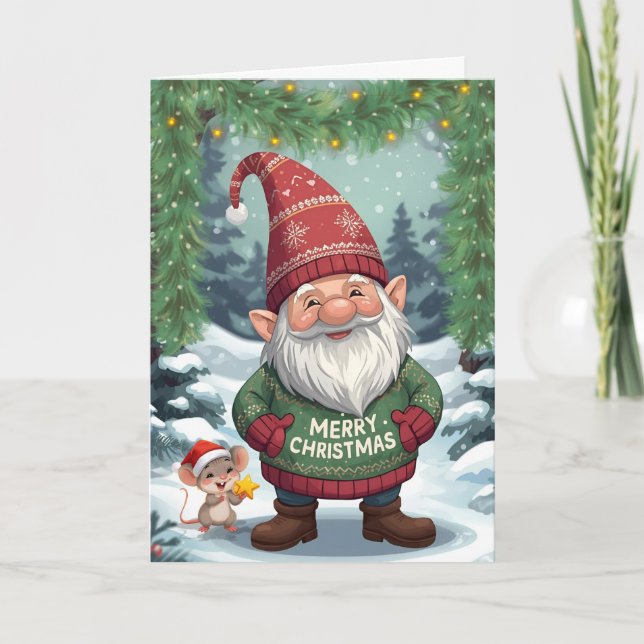 Cartes Pour Fêtes Annuelles Whimsical Christmas Gnome & Mouse ⭐️ (Devant)