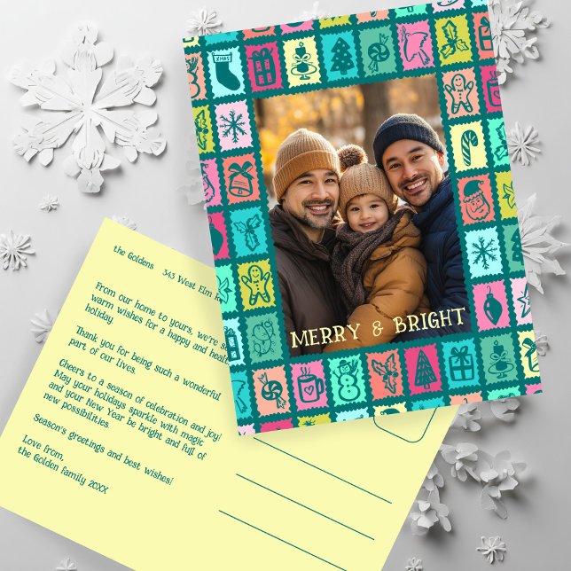 Cartes Pour Fêtes Annuelles Whimsical Christmas Grid Cute Custom  (Whimsical Christmas Grid Cute Custom Photo Merry Bright Holiday Postcard
)
