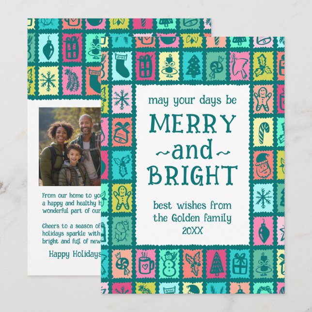 Cartes Pour Fêtes Annuelles Whimsical Christmas Grid Cute Custom 2 PHOTO  (Devant / Derrière)